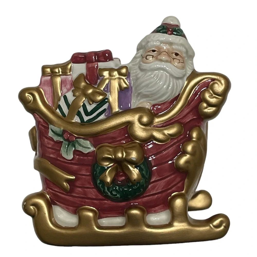 FITZ & FLOYD Santa In Sleigh Ceramic Candle Holder